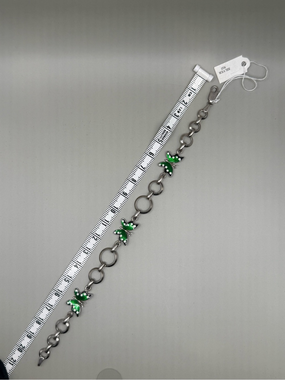 925 Sterling Silver Green Enamel Butterfly Charm Chain Bracelet